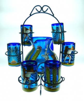 Blue Hand Blown Glasses and Pitcher Set with Display Rack T70644