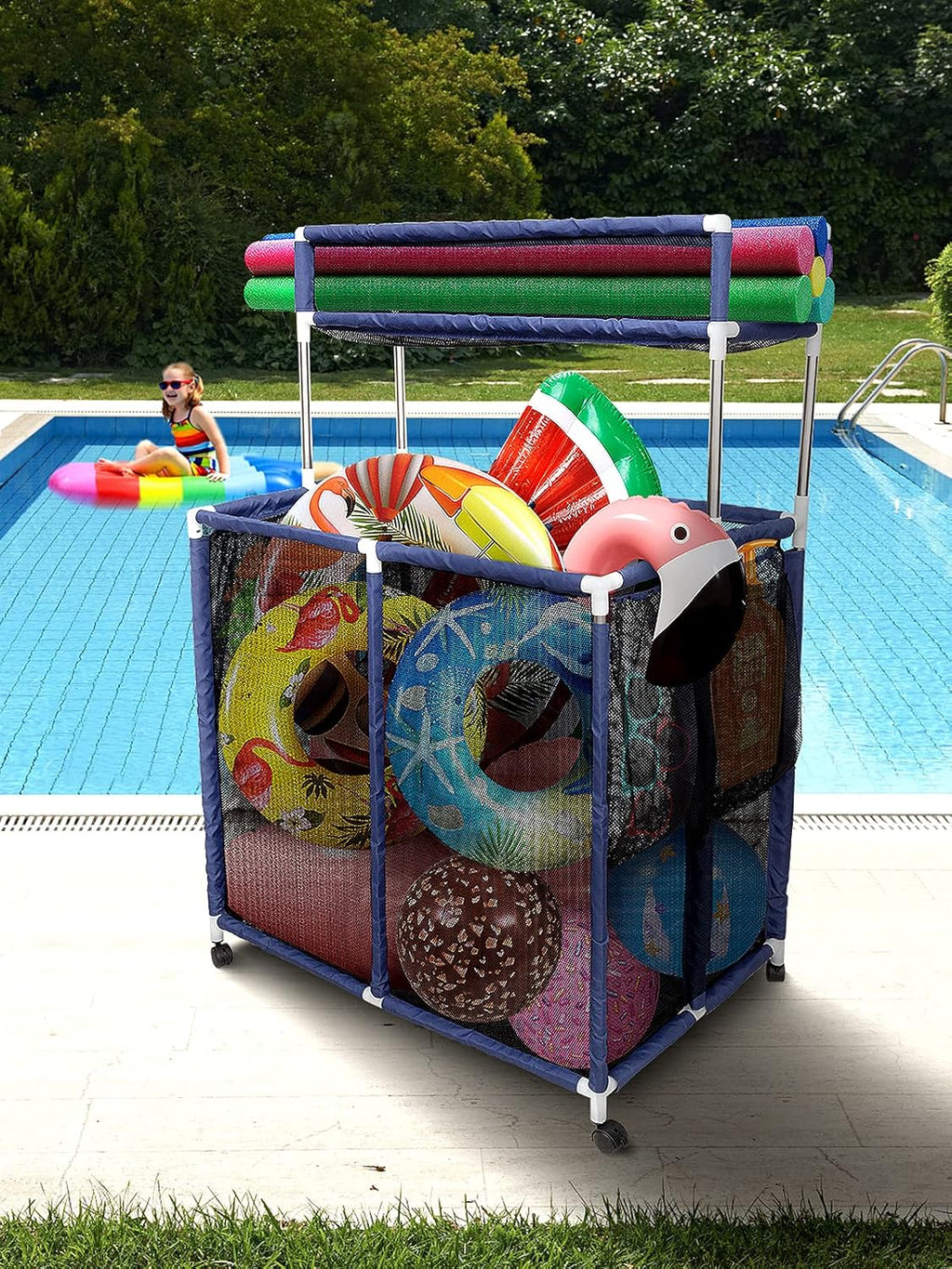 Double Tier Rolling Pool Toy Storage Cart Bin with Top Shelf & Side Pockets U172