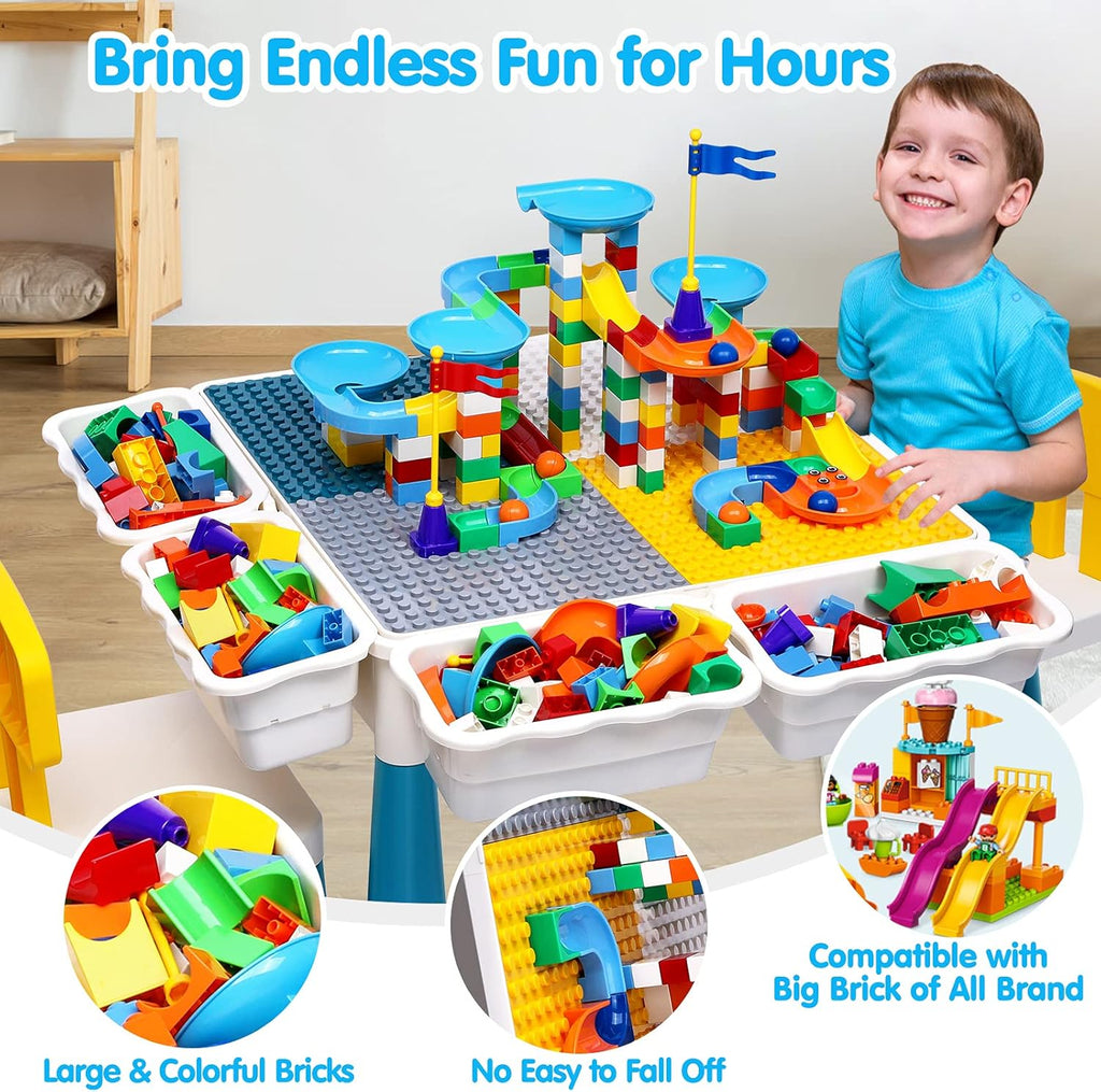 Kids Activity Table and Chair Set with 152Pcs Marble Run Building Blocks Water Table Sand Table STEM Toys P84524