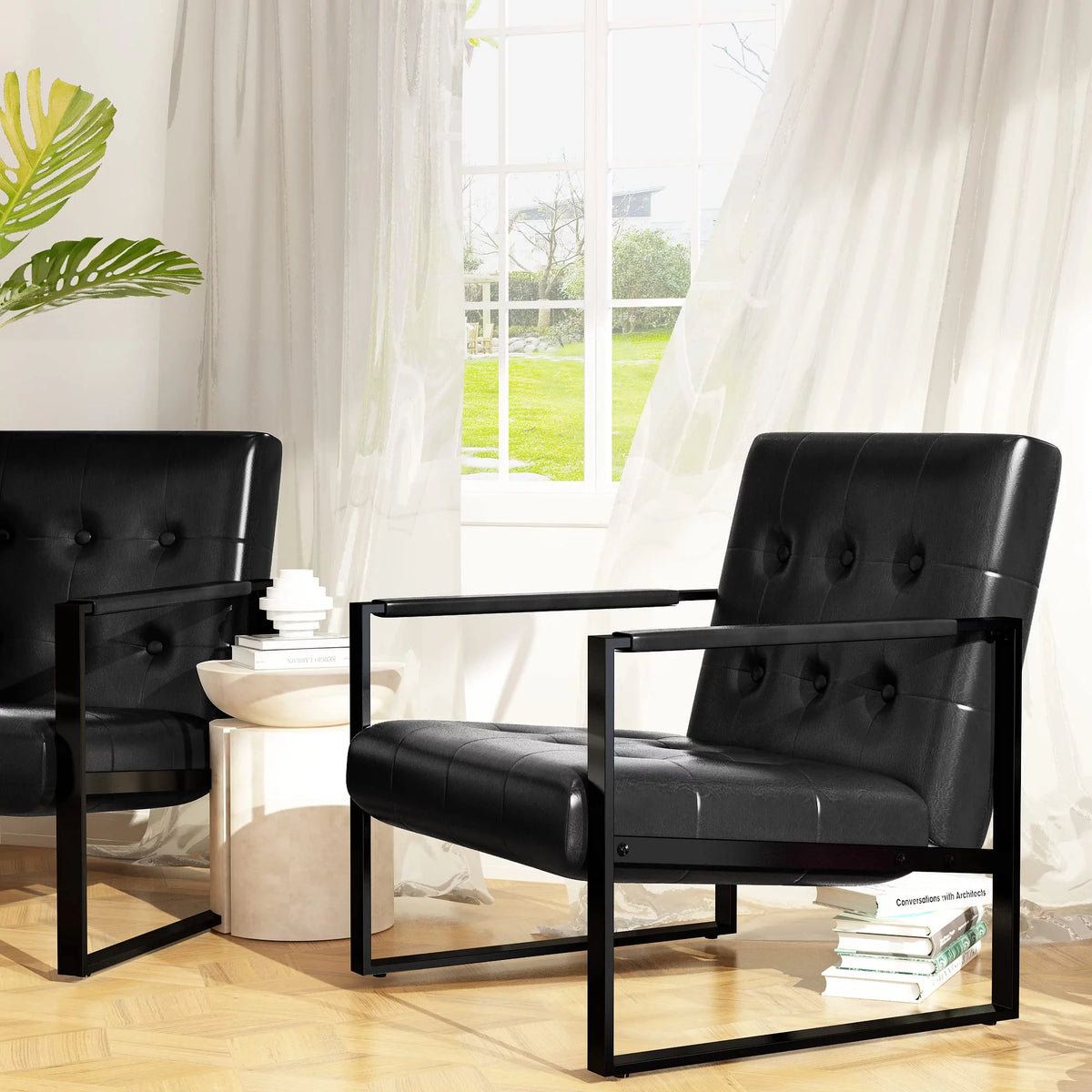 Leather Accent Chair Set of 2 Black Q212