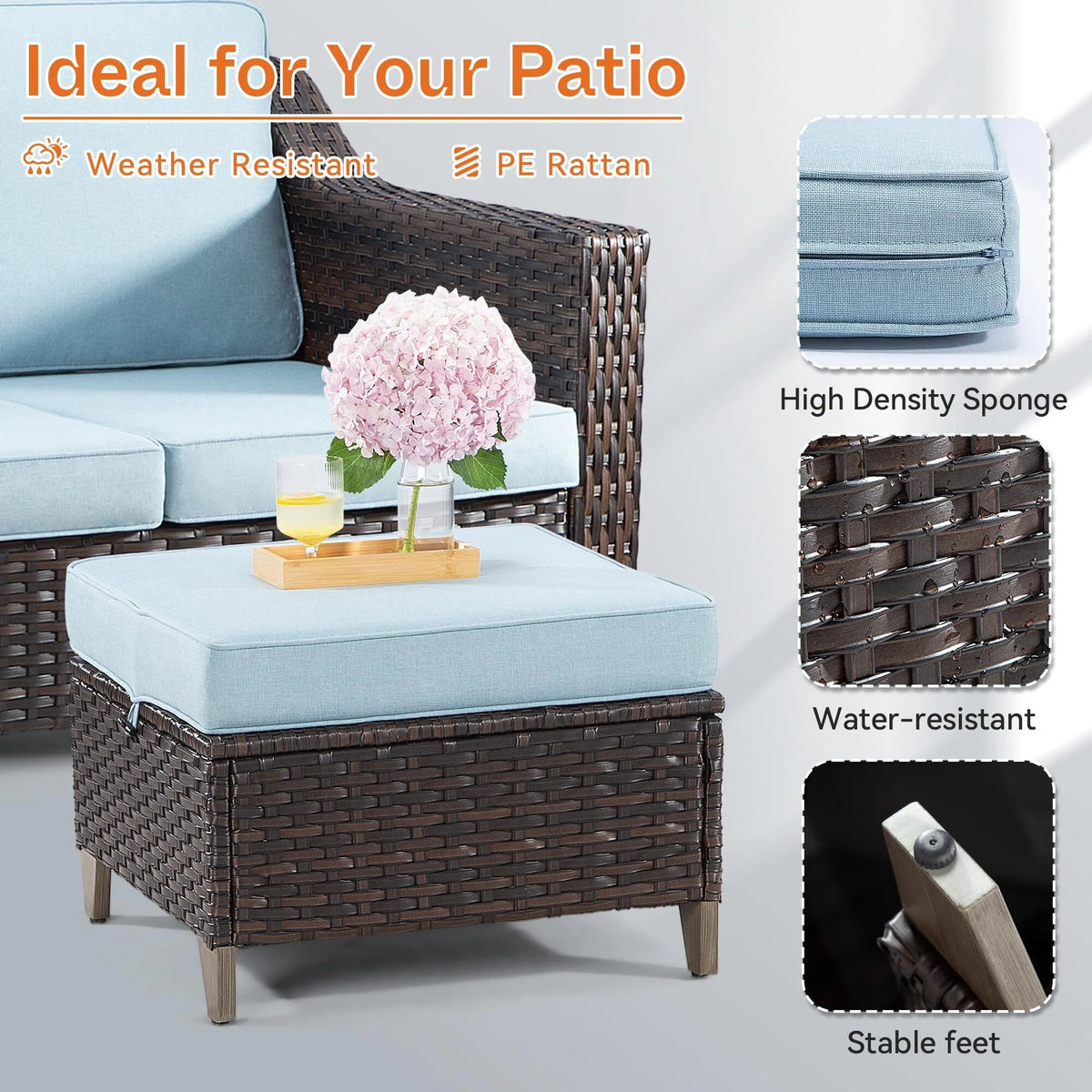 3 Pieces Outdoor Patio Wicker Conversation Set with Cushions, Sky Blue L3671
