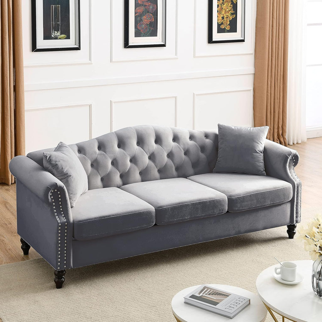 Grey Velvet 3 Seater Chesterfield Sofa X9998