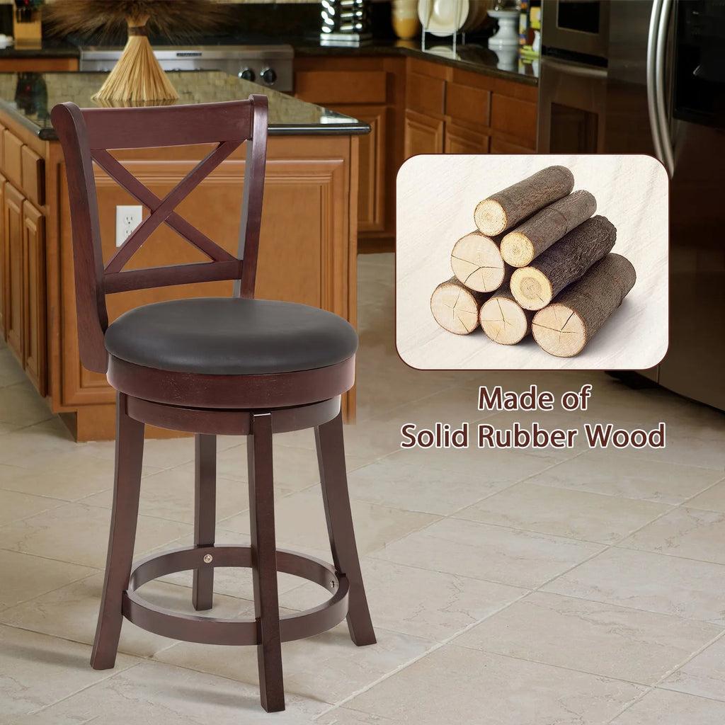 Brown Wooden Low Back Bar Stools with 360 Degree Swivel and PU Leather Upholstery N66081