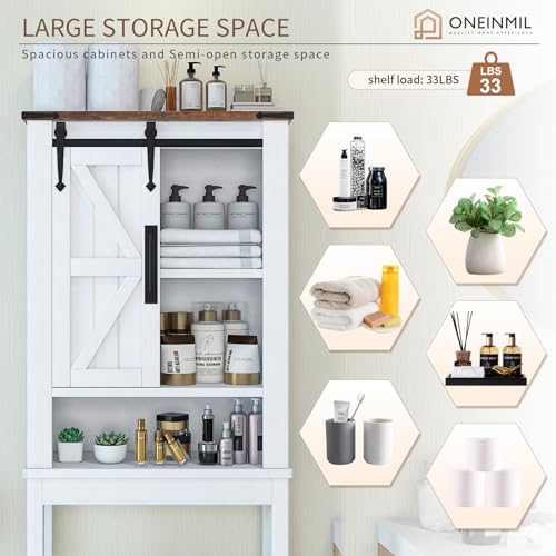 White Over The Toilet Storage Cabinet with Adjustable Shelves & Sliding Barn Doors V238788