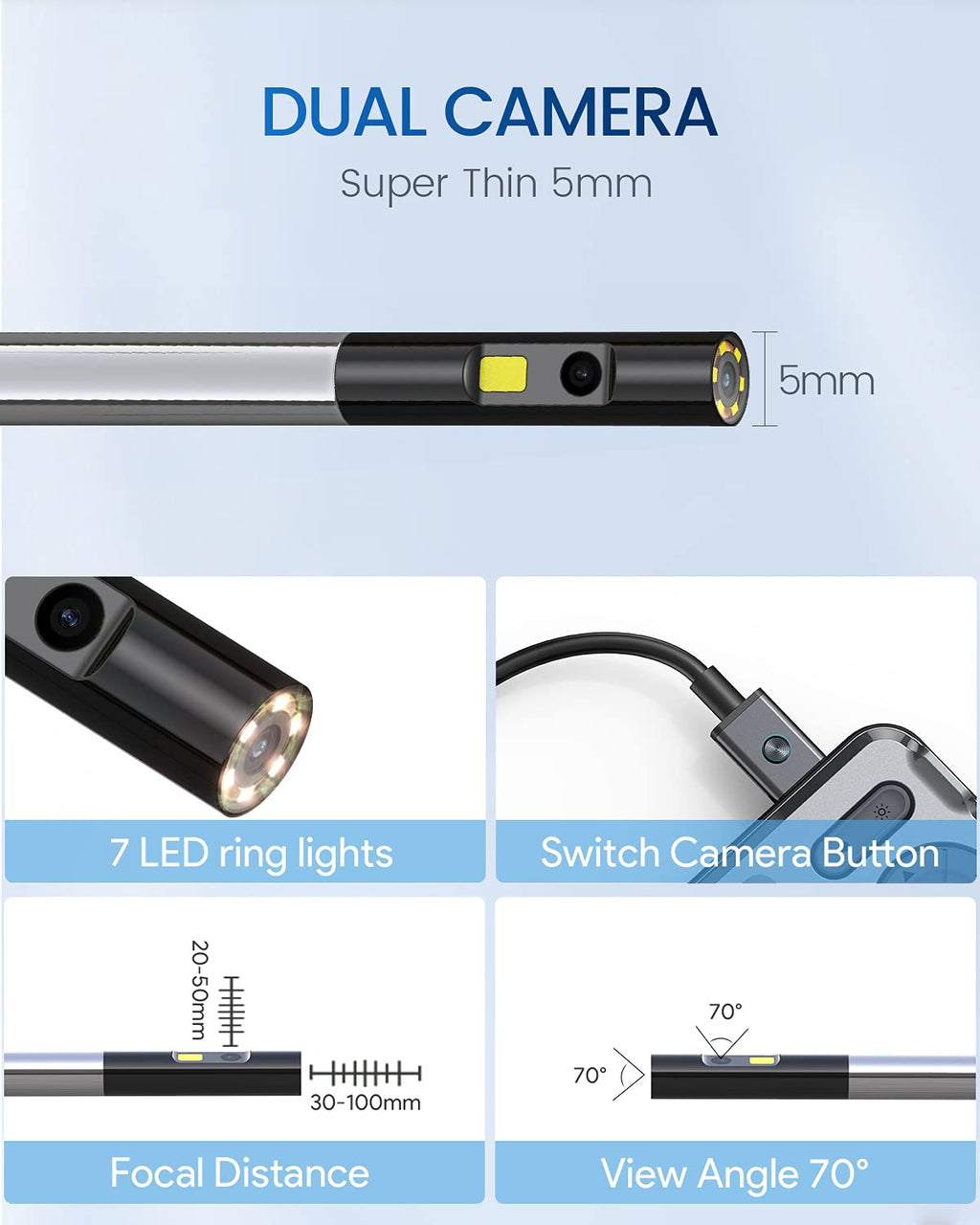 Dual Lens Borescope with LED Light, 5 IPS Screen, 16.4ft D9552