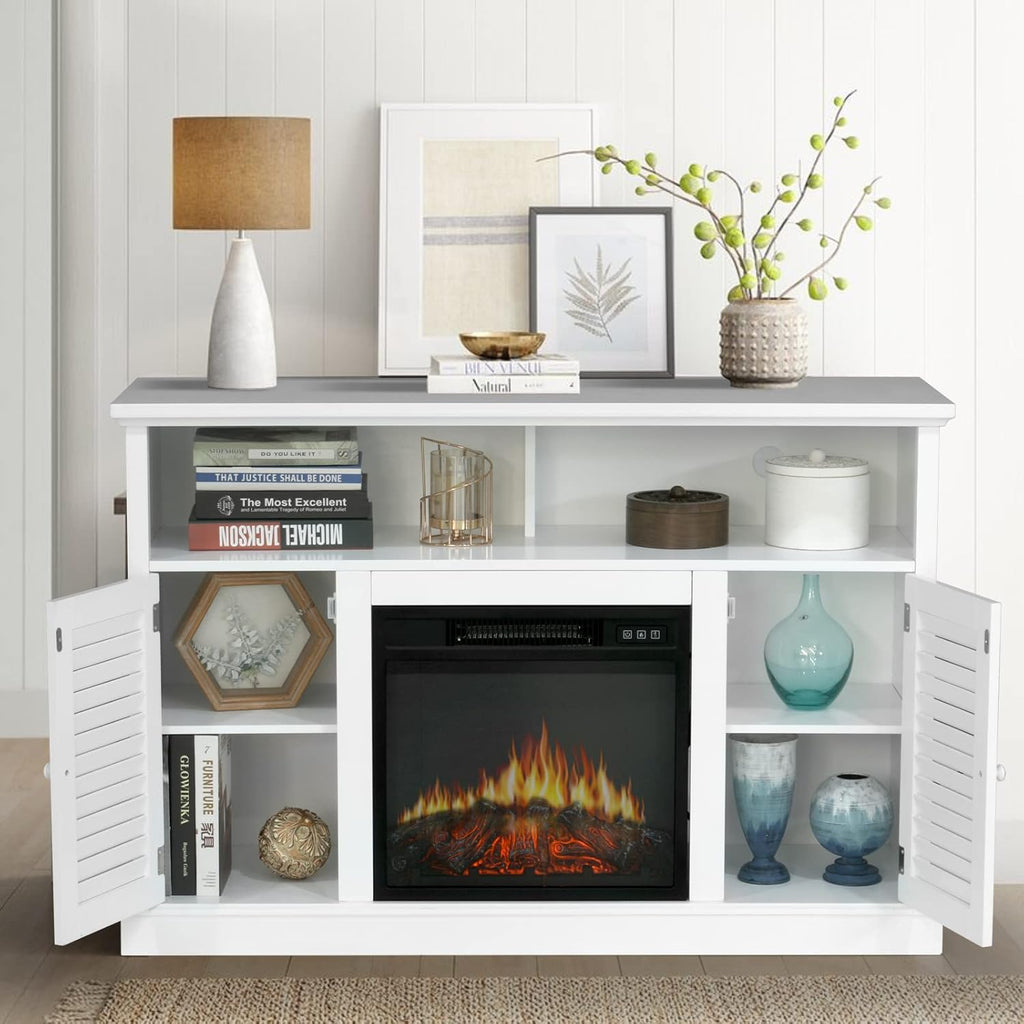 White Fireplace TV Stand with Adjustable Shelves F195