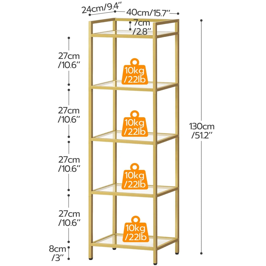 5-Tier Gold Bookcase with Tempered Glass Shelves C30335