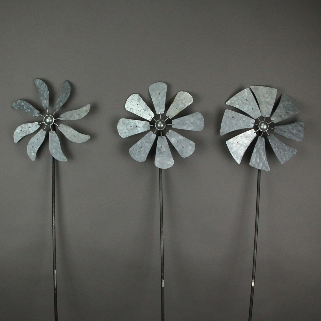 Silver Metal Windmill Wind Spinner Garden Stakes Set of 3 R11661