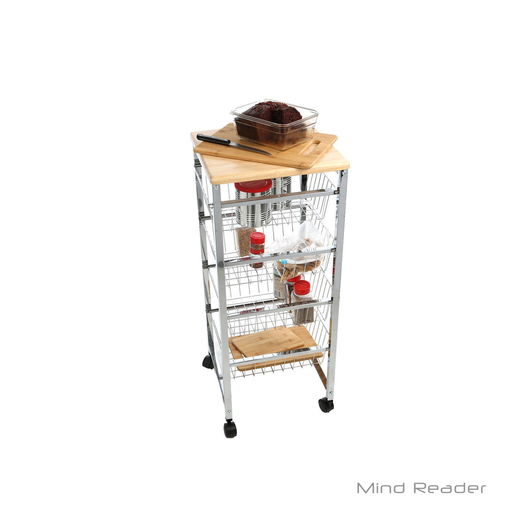4 Tier Wire Basket Cart with Wood Surface B9788
