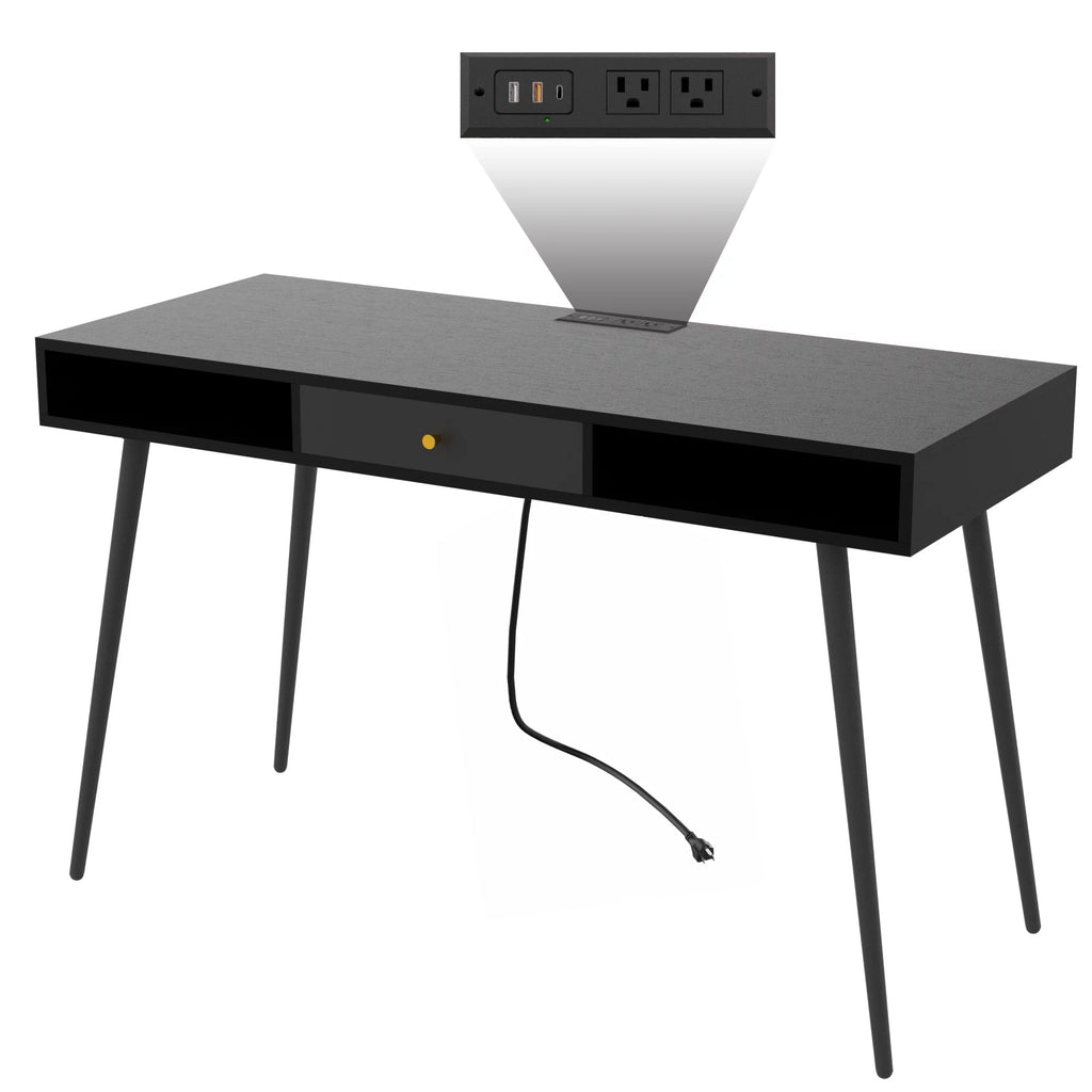 Black Writing Desk with Power Outlet and Drawer T9724
