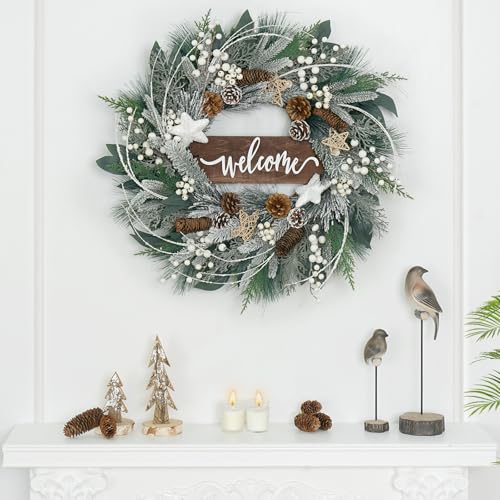 24 Inch Artificial Outdoor Christmas Wreath with Pinecones, White Berries and Welcome Sign D425956