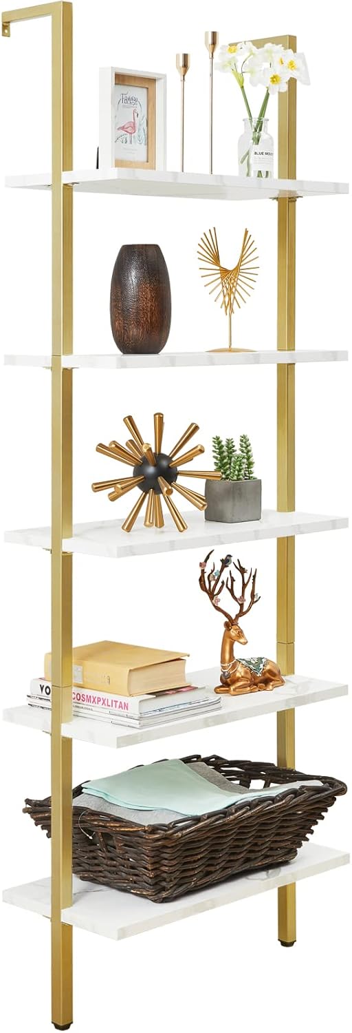 5-Tier Wall-Mounted Metal Shelf with Marble / Gold R56998