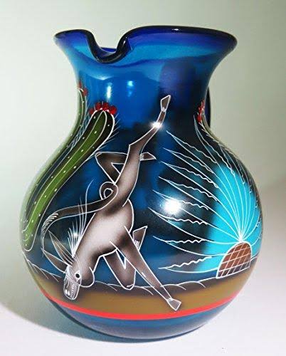 Blue Hand Blown Glasses and Pitcher Set with Display Rack T70644