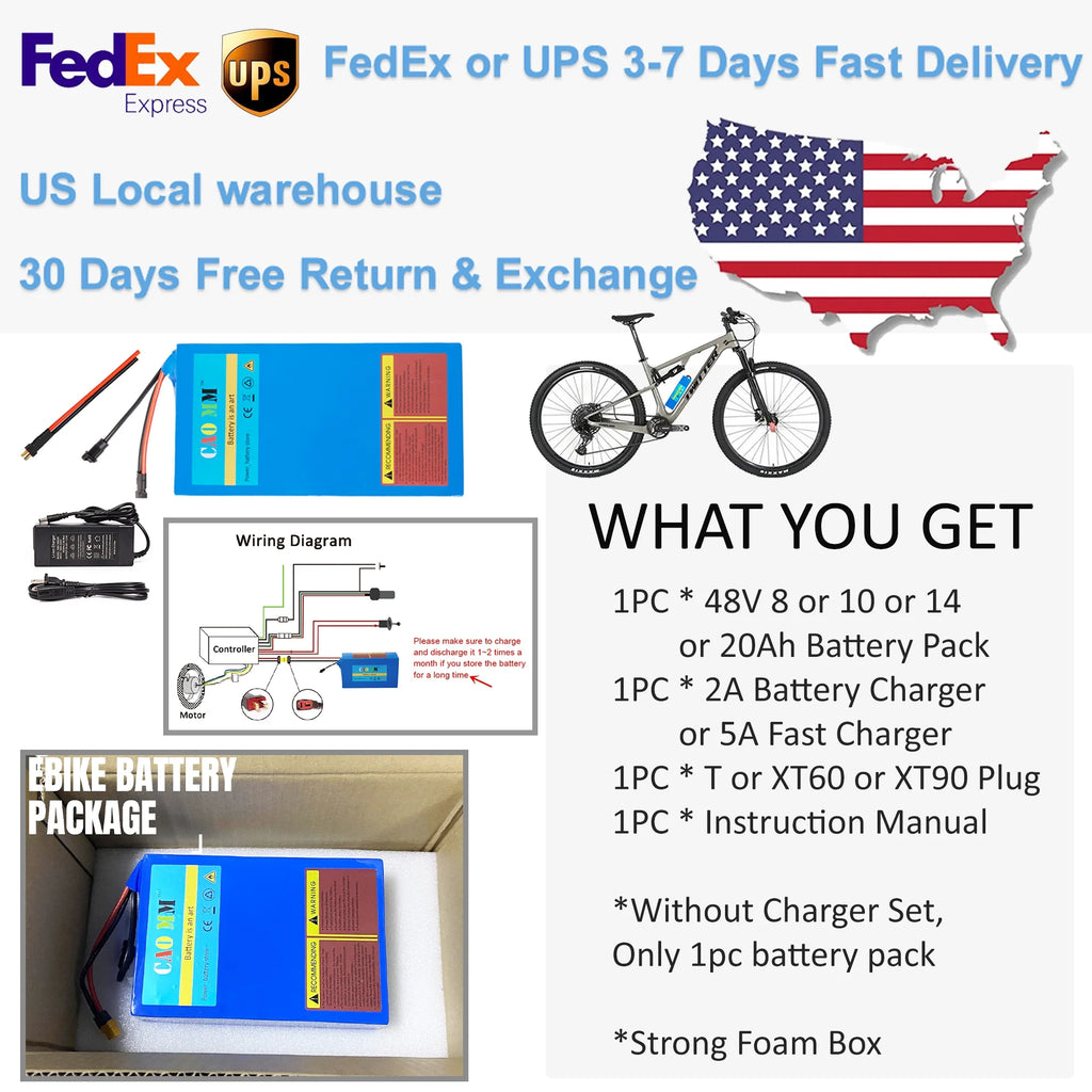 48V 14Ah Lithium Ebike Battery with 5A Fast Charger T Plug G7990