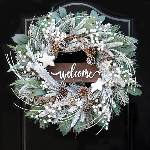 24 Inch Artificial Outdoor Christmas Wreath with Pinecones, White Berries and Welcome Sign D425956
