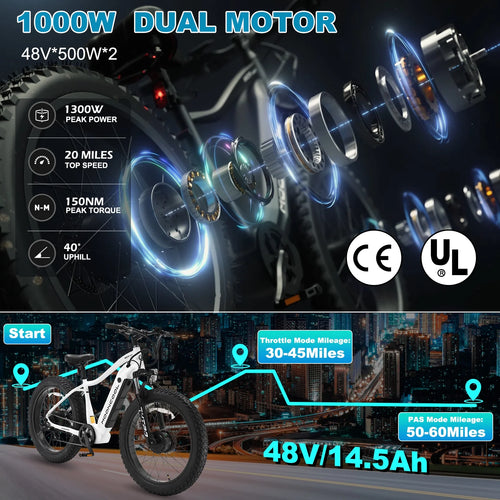 26" X 4" Fat Tire 1000W Dual Motor Electric Mountain Bike U17368