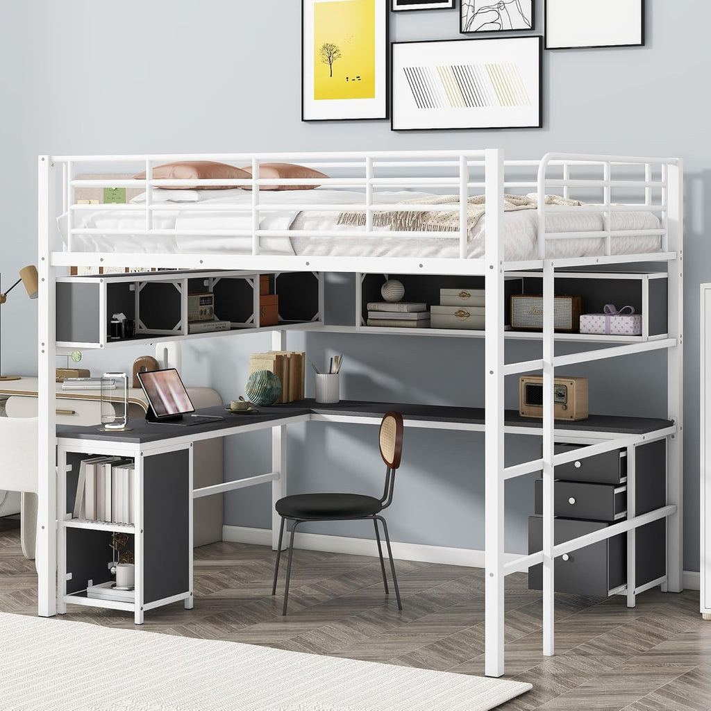 Full Size Metal Loft Bed with Bookcase and Desk I520506