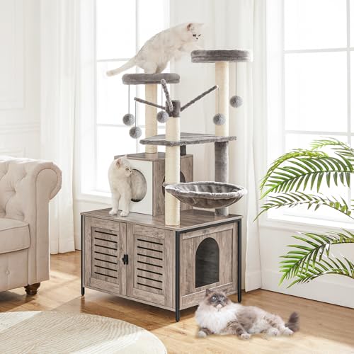 Greige Wooden Cat Tree with Litter Box Enclosure, 27.6" L x 18.9" W x 52" H Z988