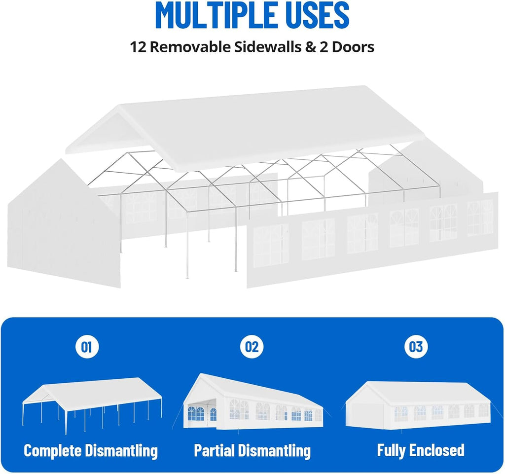 White 20'x40' Heavy Duty Party Tent with Removable Sidewall Windows H65577