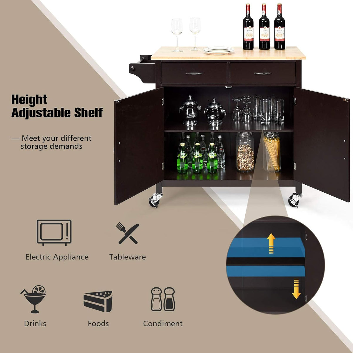 Rolling Kitchen Island Cart with Rubber Wood Top and Storage Drawers I6219