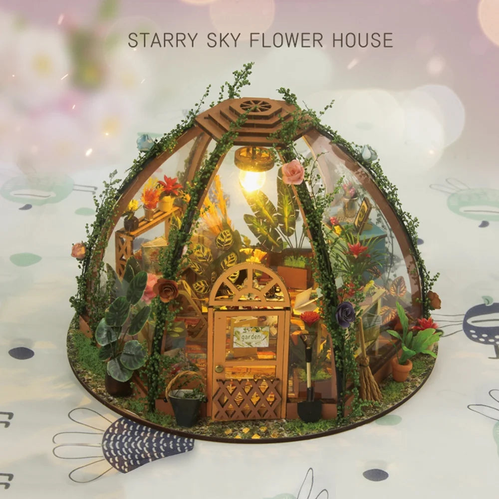 DIY Miniature Dollhouse Kit Wooden Flower Green House with LED Light V21379