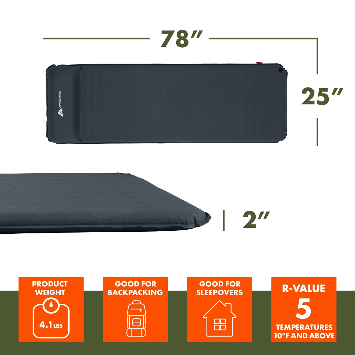 Self-Inflating Camp Pad with Pillow, Grey, 78" L x 25" W x 2" H K719