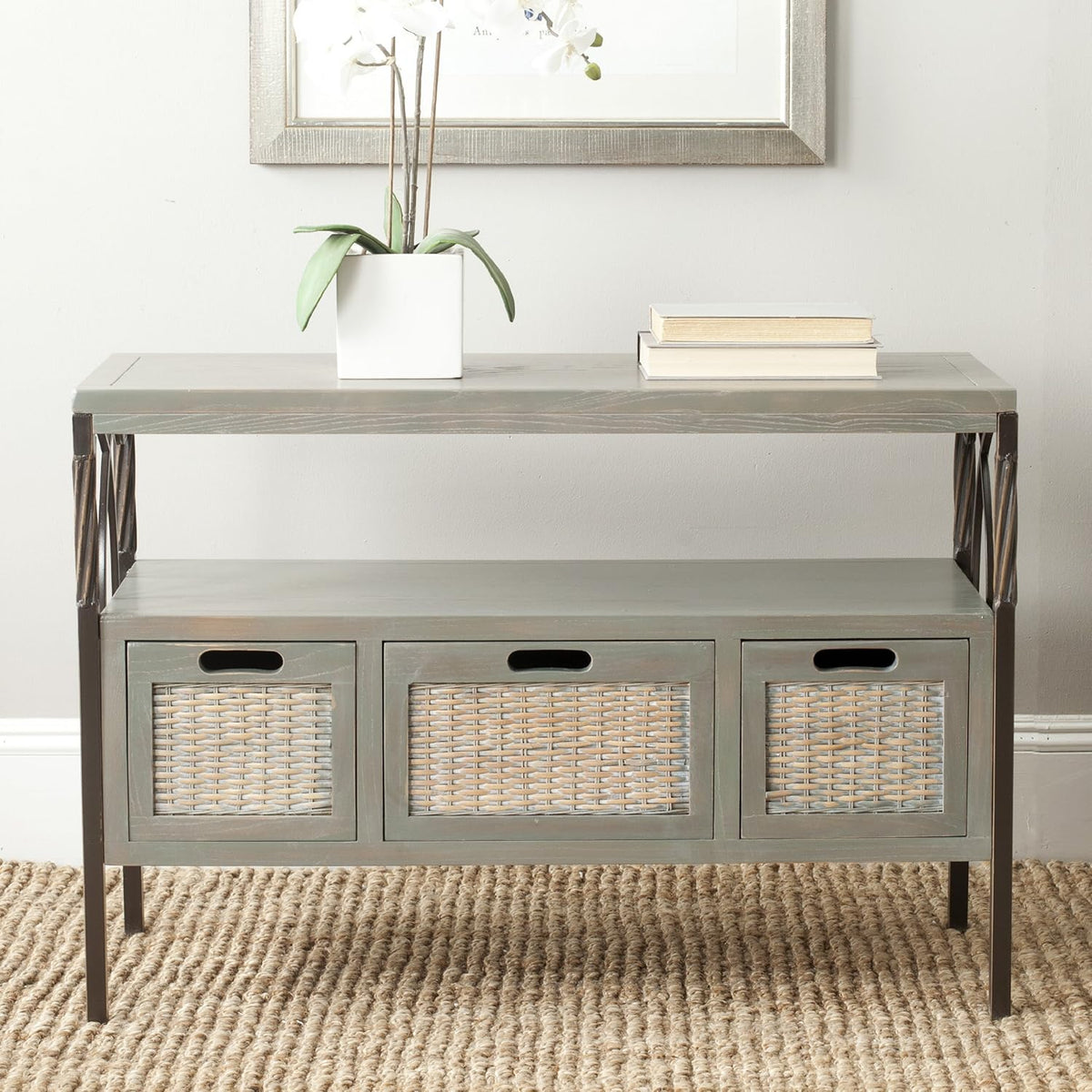 Antique Dark Walnut and Pewter 3-Drawer Console Table E59645