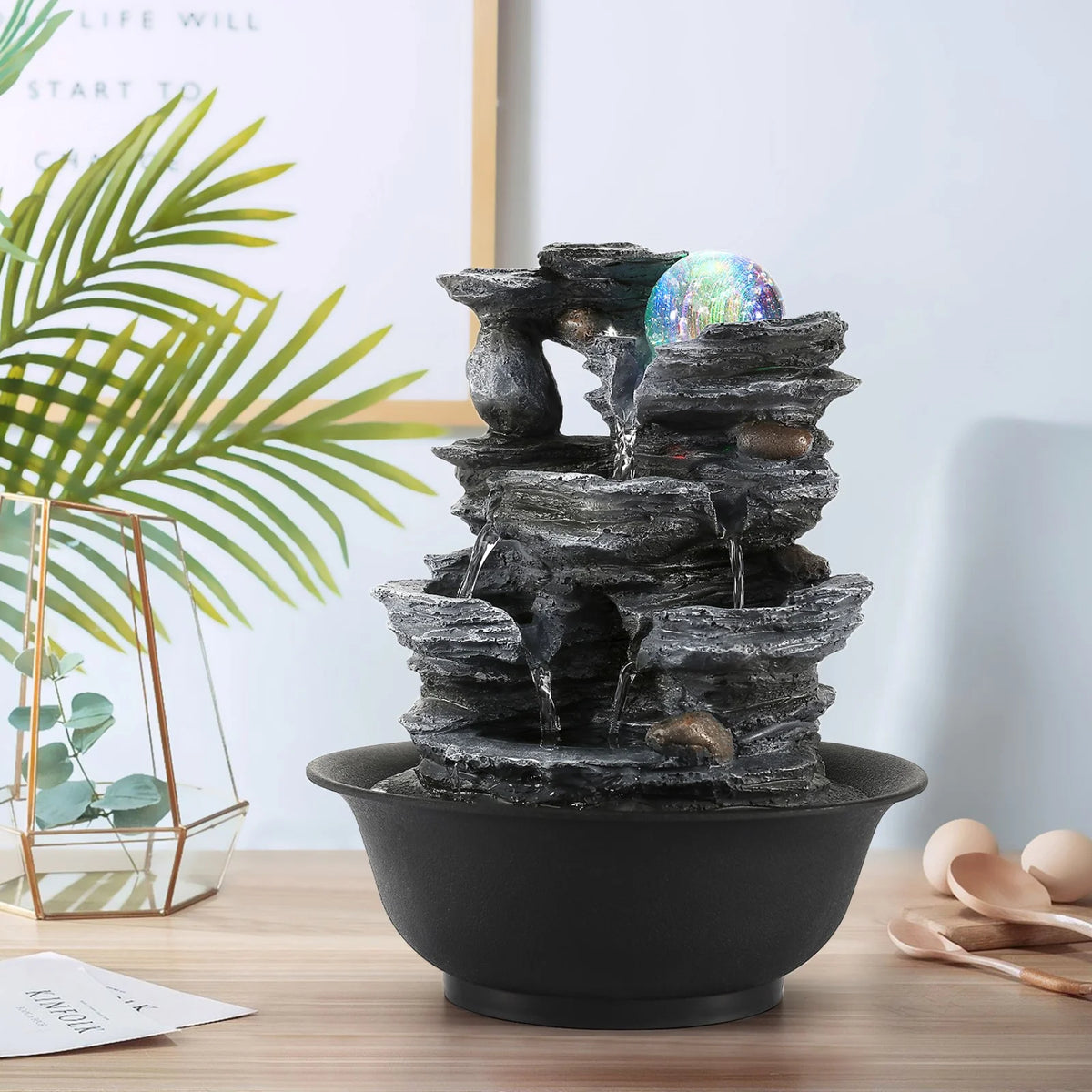 Indoor Resin Rockery Waterfall Tabletop Water Fountain with LED Light Y1228