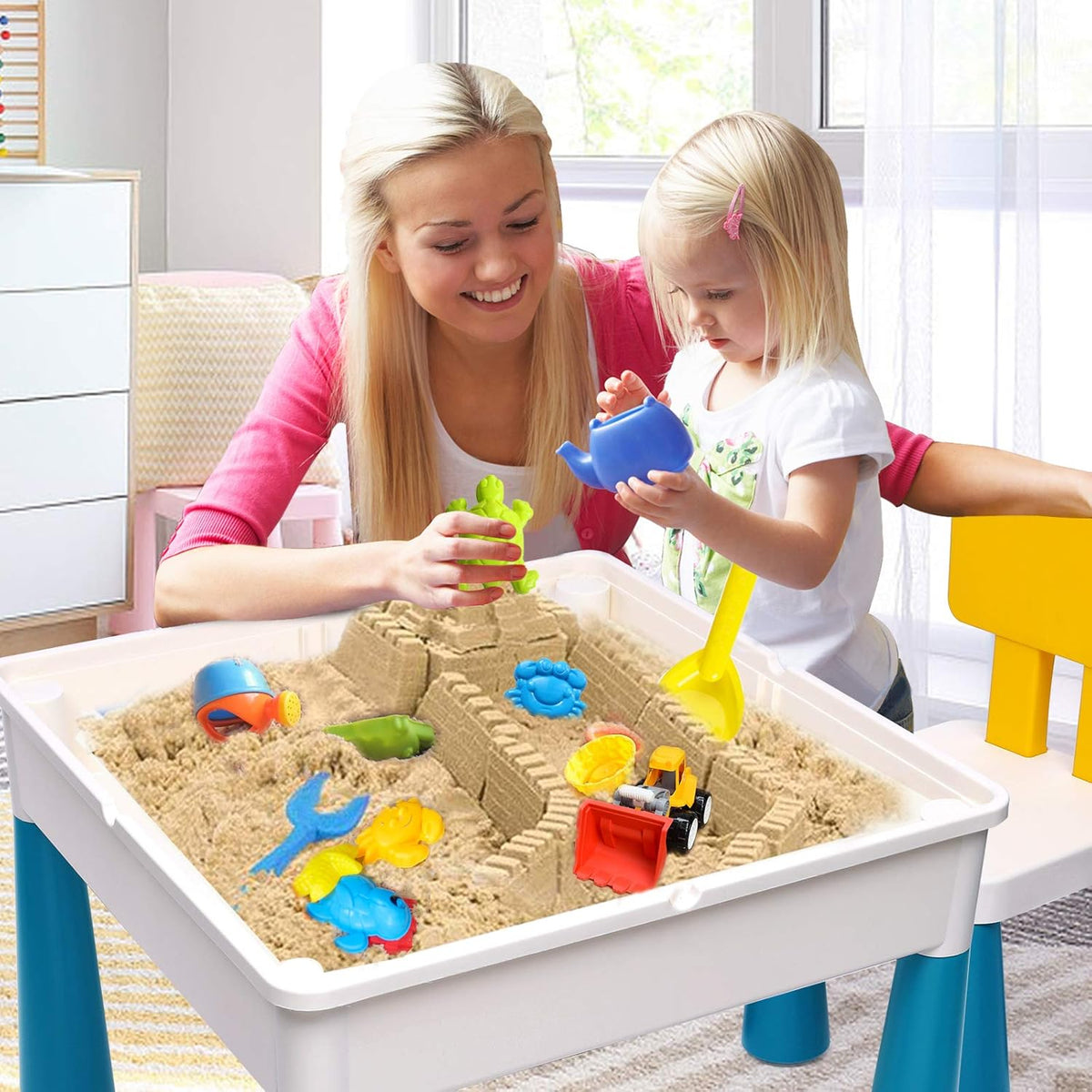 Kids Activity Table and Chair Set with 152Pcs Marble Run Building Blocks Water Table Sand Table STEM Toys P84524