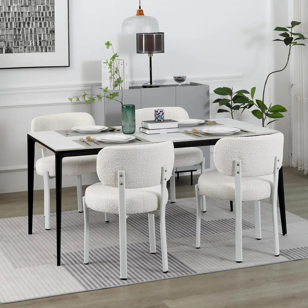 White Set of 6 Upholstered Boucle Dining Chairs H663111
