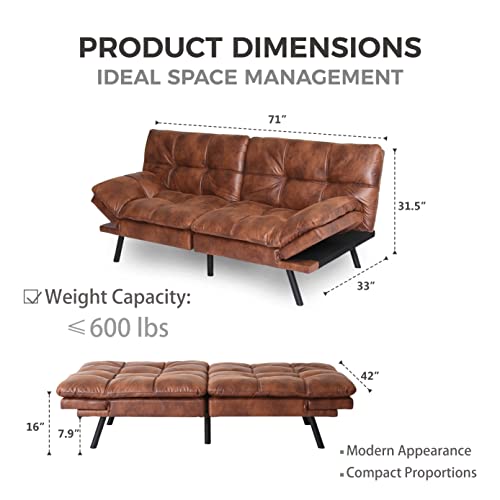 Brown PU Leather Memory Foam Convertible Futon Sofa Bed W755