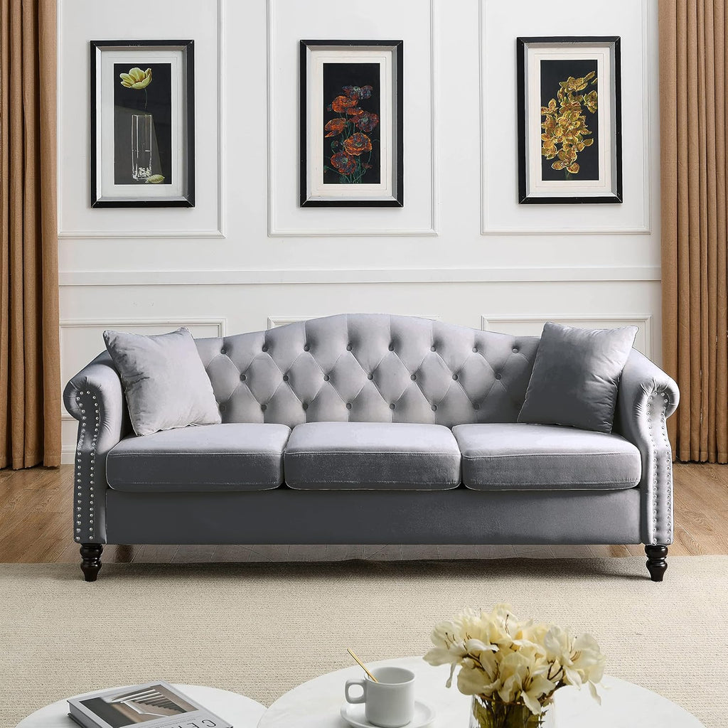 Grey Velvet 3 Seater Chesterfield Sofa X9998