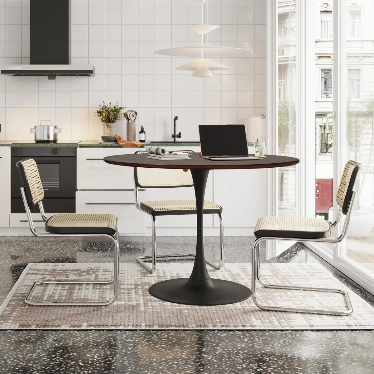 47.24" Round Dining Table with Wood Grain Top Metal Base K87873