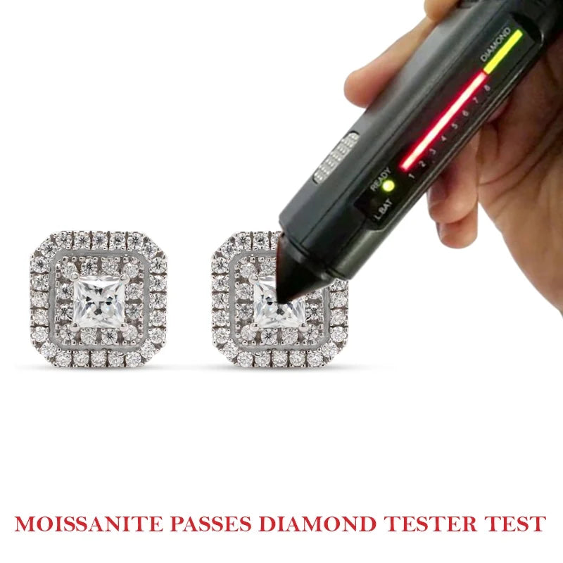 1 Carat Princess & Round Cut Lab Created Moissanite Double Halo Stud Earrings In 14K Rose Gold Over Sterling Silver F301