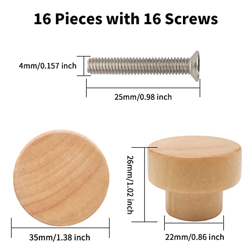 16PCS Unfinished Wood Dresser Knobs, Mushroom Wooden Cabinet Knobs, Round Wood Drawer Knobs Pulls Handle (Diameter: 1.3", Height: 1") L36084