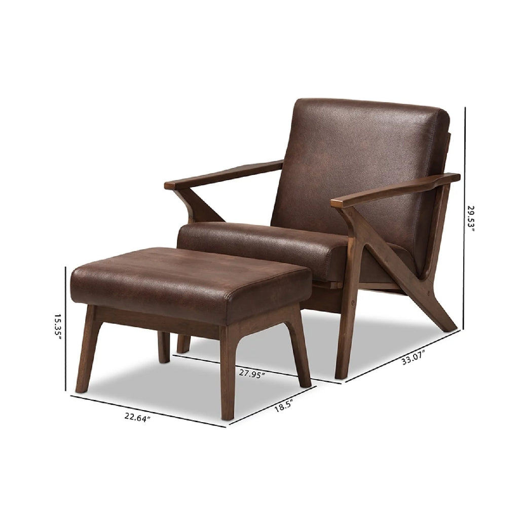 Walnut Wood Dark Brown Faux Leather Lounge Chair And Ottoman Set M374278