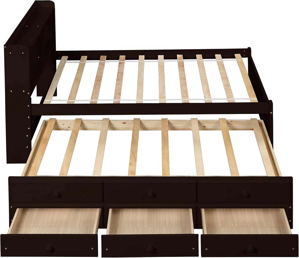 Twin Wood Captain’s Bed with Bookcase Headboard, Trundle and 3 Drawers, Espresso D734224