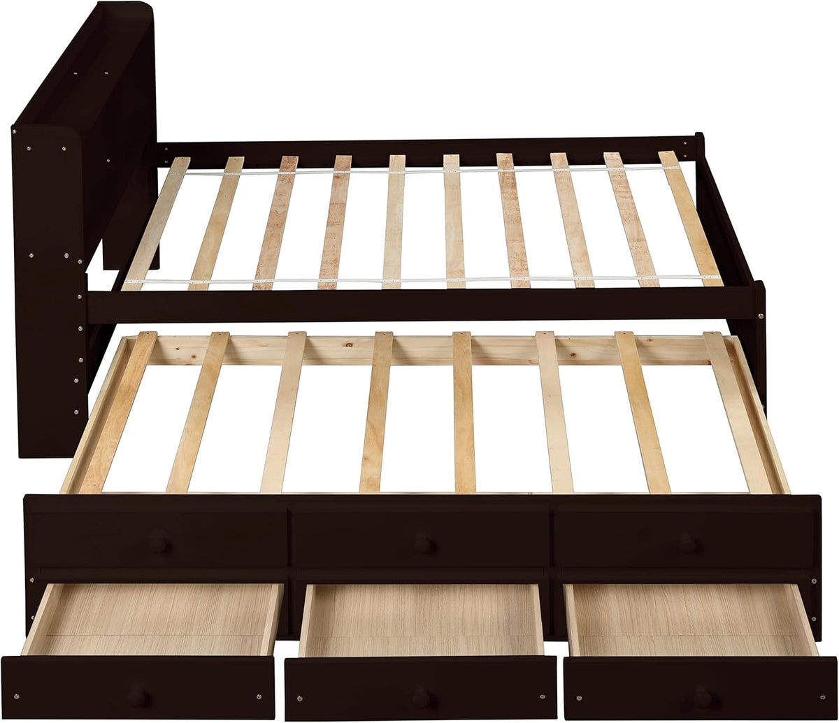 Twin Wood Captain’s Bed with Bookcase Headboard, Trundle and 3 Drawers, Espresso D734224