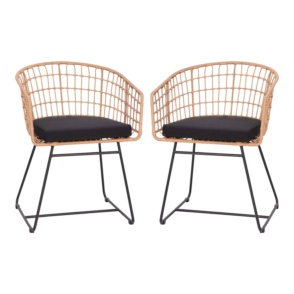 Set of 2 Indoor/Outdoor Rope PE Wicker Rattan Club Chairs with Black Cushions O8506