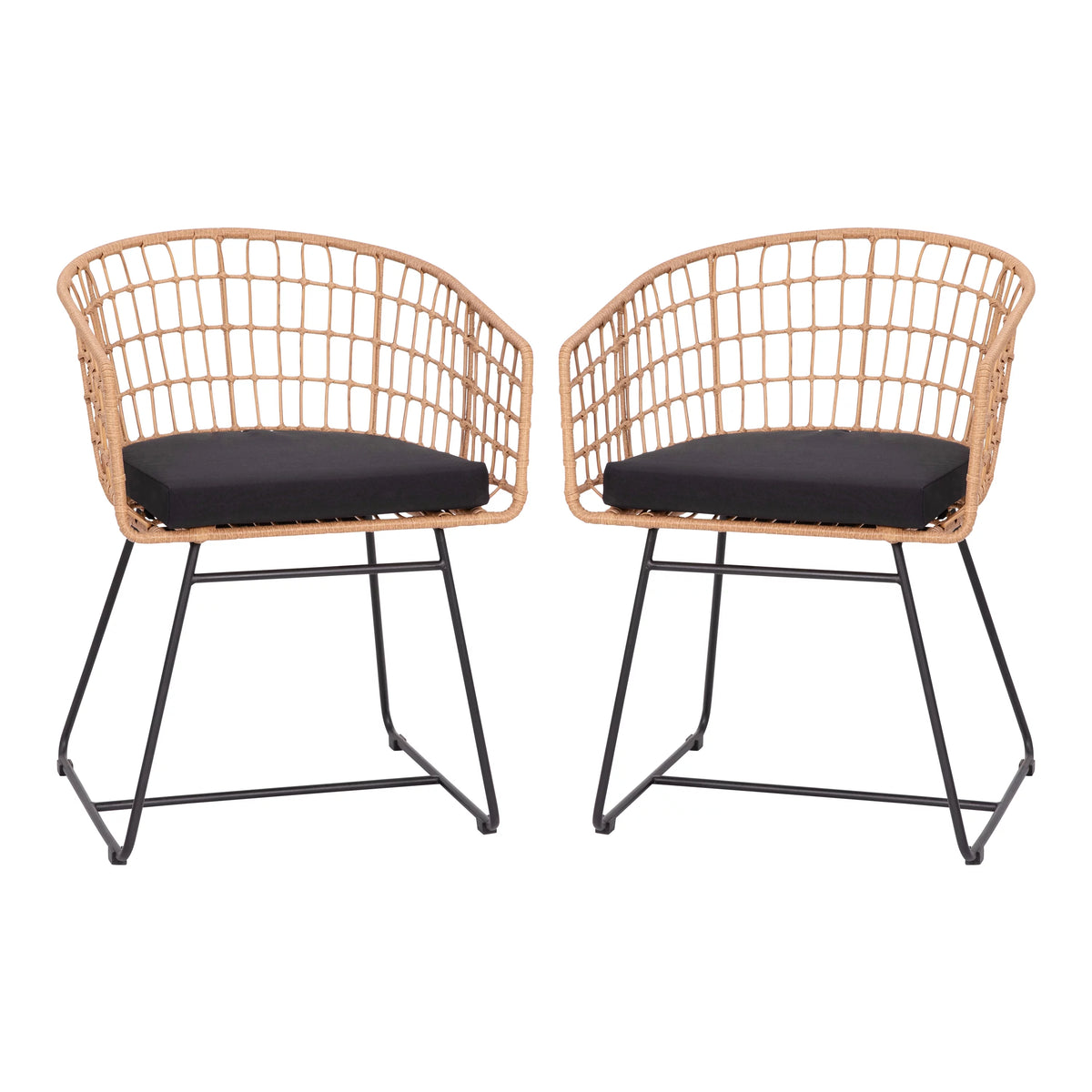 Set of 2 Indoor/Outdoor Rope PE Wicker Rattan Club Chairs with Black Cushions O8506