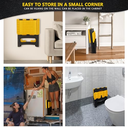 Folding 2-Step Stool, Non-Slip Portable Footstool 8" & 17" Dual Heights, Holds 300 lbs (Yellow) B549