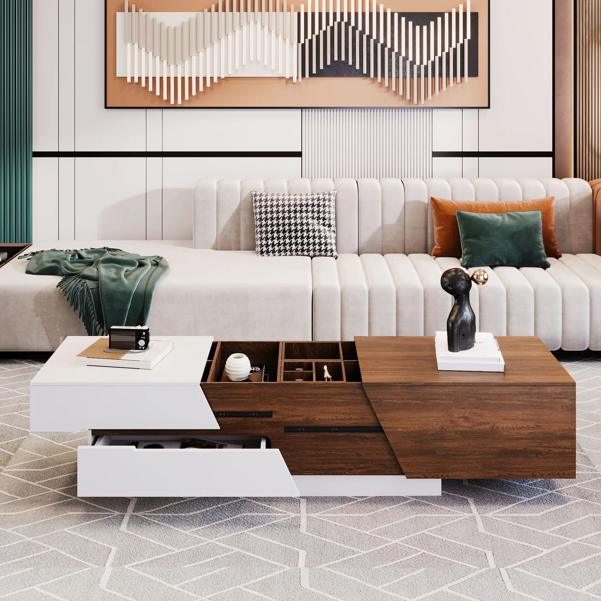 White Walnut Extendable Coffee Table with Storage Drawers A783429