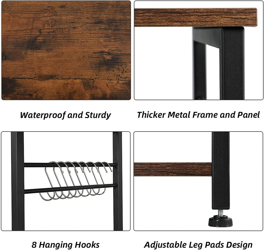 4-Tier Industrial Kitchen Baker's Rack with Storage and 8 Hooks, Rustic Brown J83058