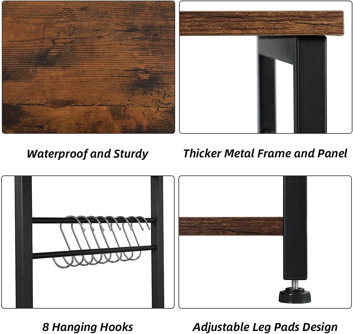 4-Tier Industrial Kitchen Baker's Rack with Storage and 8 Hooks, Rustic Brown J83058