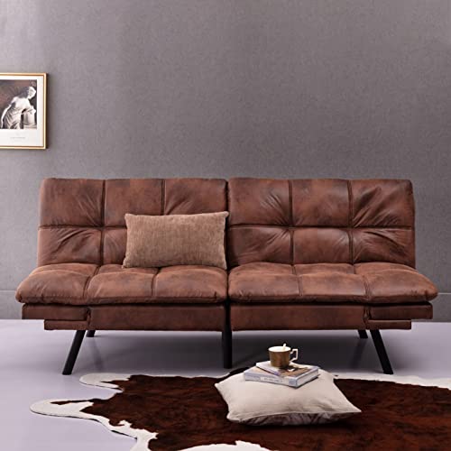 Brown PU Leather Memory Foam Convertible Futon Sofa Bed W755