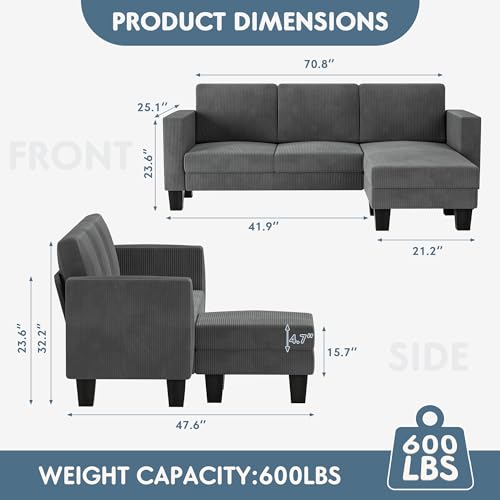 Green Corduroy L-Shaped Convertible Sectional Sofa 3 Seater T740