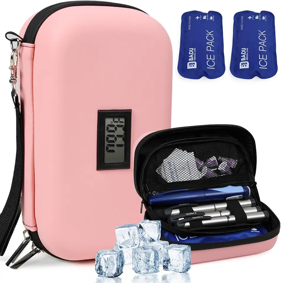 Insulin Cooler Travel Case TSA Approved Refrigerated Medicine Cooler with Thermometer 2 Reusable Ice Packs Pink C945