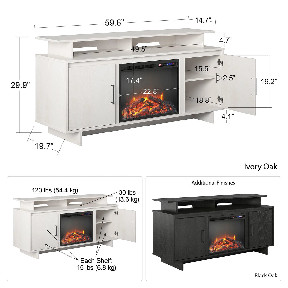 Electric Fireplace TV Console with Storage Cabinets, Black Oak C372