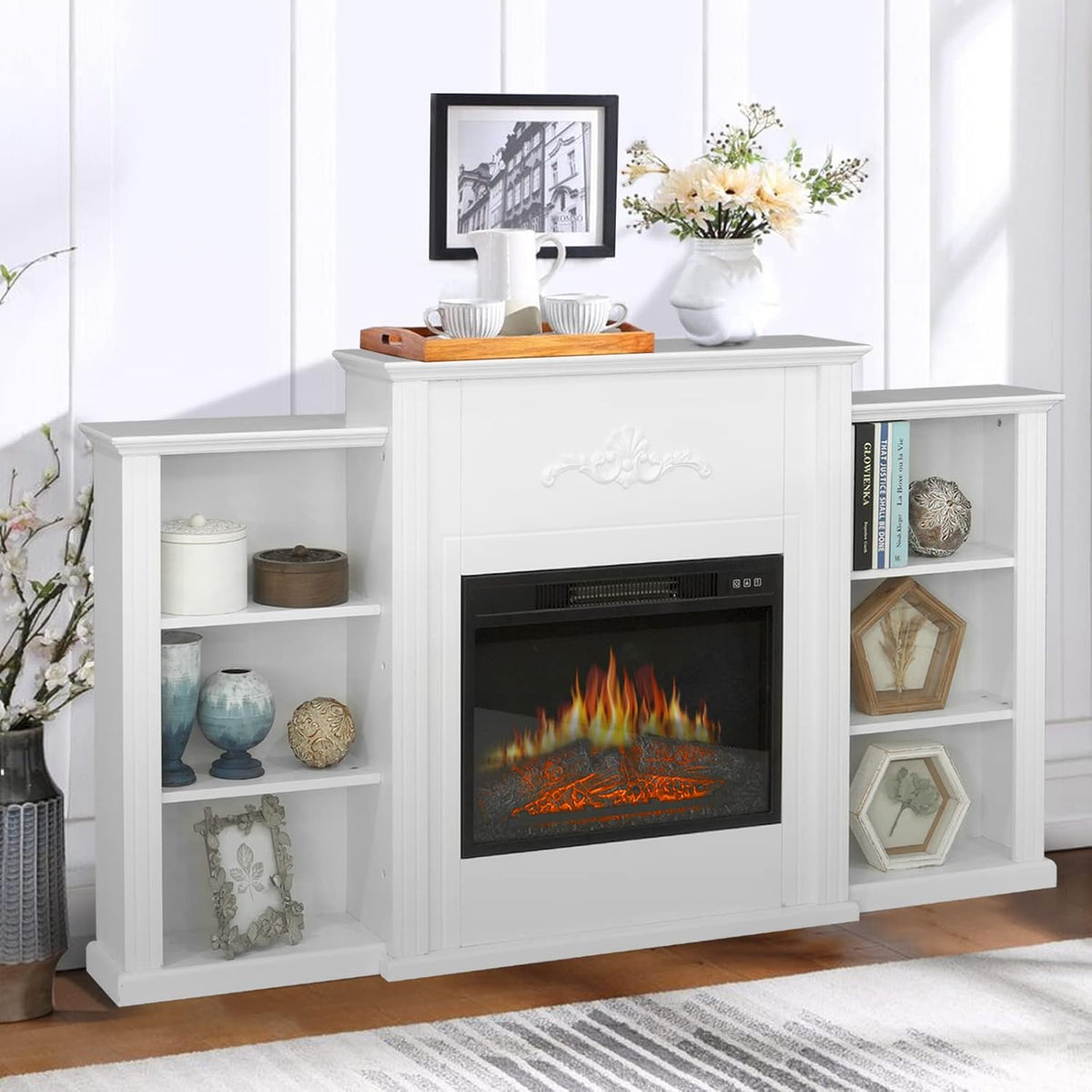 White Fireplace TV Stand with Adjustable Shelves F195