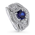 Sterling Silver Simulated Blue Sapphire CZ Halo Ring Set, Rhodium Plated Size 6 V87408